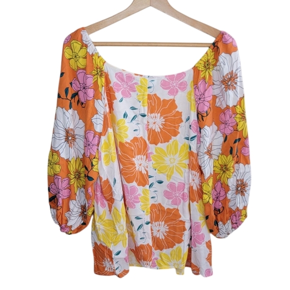 NWT Emily Wonder | Orange Yellow Pink Floral Wide Neck Blouse Size 1X - Picture 7 of 7